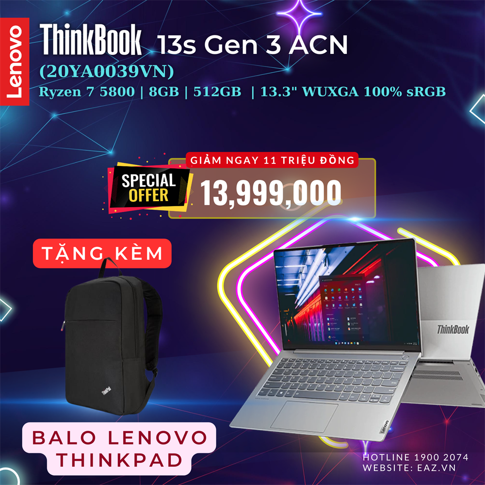 Lenovo ThinkBook 13s G3 ACN (20YA0039VN) | AMD Ryzen™ 7 5800U | 8GB | 512GB SSD PCIe | Radeon™ Graphics Vega | 13.3 inch WUXGA IPS | Win 11 | Finger | LED KEY | 0622D | KMT8