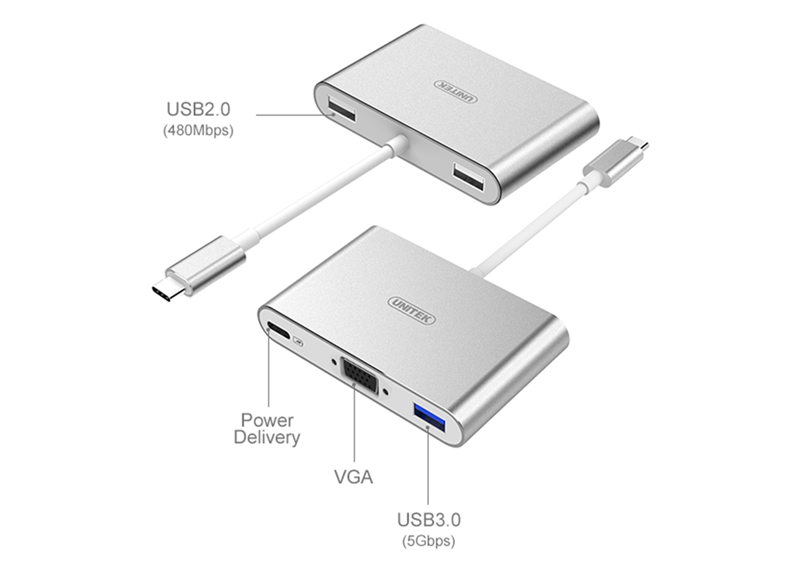 MULTIPORT HUB TYPE-C -&gt; USB 3.0 + 2 USB 2.0 + VGA UNITEK (Y-9102) 318HP